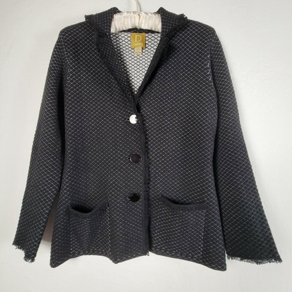 Damask Womens XS Black White Jacquard Diamond Knit Cardigan Jacket Raw Trim